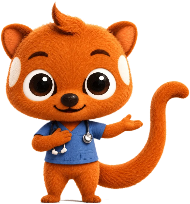 Dedeco, o quati mascote do Dr. André, de jaleco azul e estetoscópio
