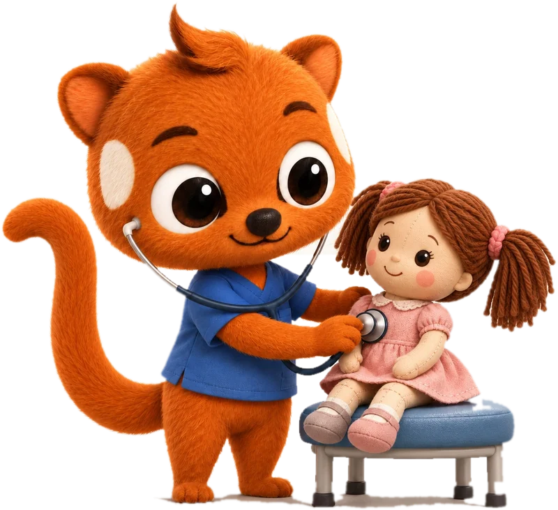 Dedeco examinando uma boneca com o estetoscópio