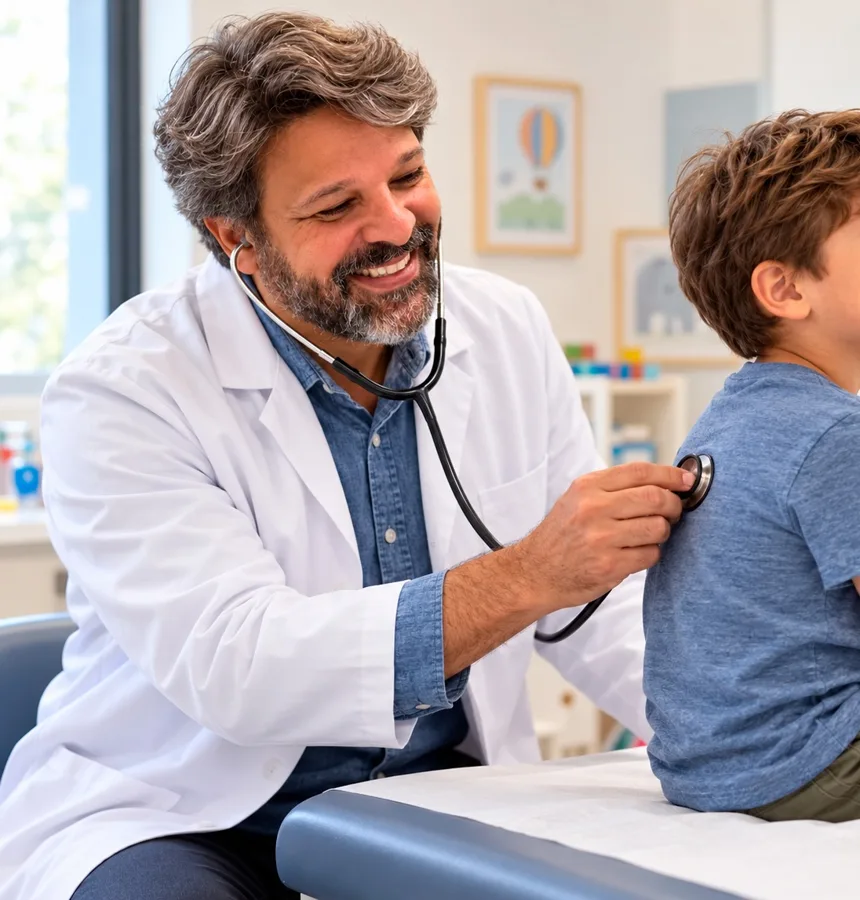 Dr. André Vianna, pediatra, sorrindo enquanto examina uma criança com o estetoscópio