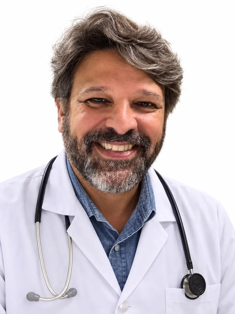 Dr. André Vianna de jaleco e estetoscópio, sorrindo